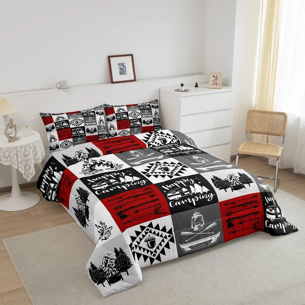 Lodge Cabin Camping Comforter Set Queen Size 3 Pcs Gray Red Plaid Rustic Farmhouse Bedding Comforter for Kids Teens Adults Lake Boat Oar Jungle Trees Bedroom Quilt Set with 2 Pillowcases