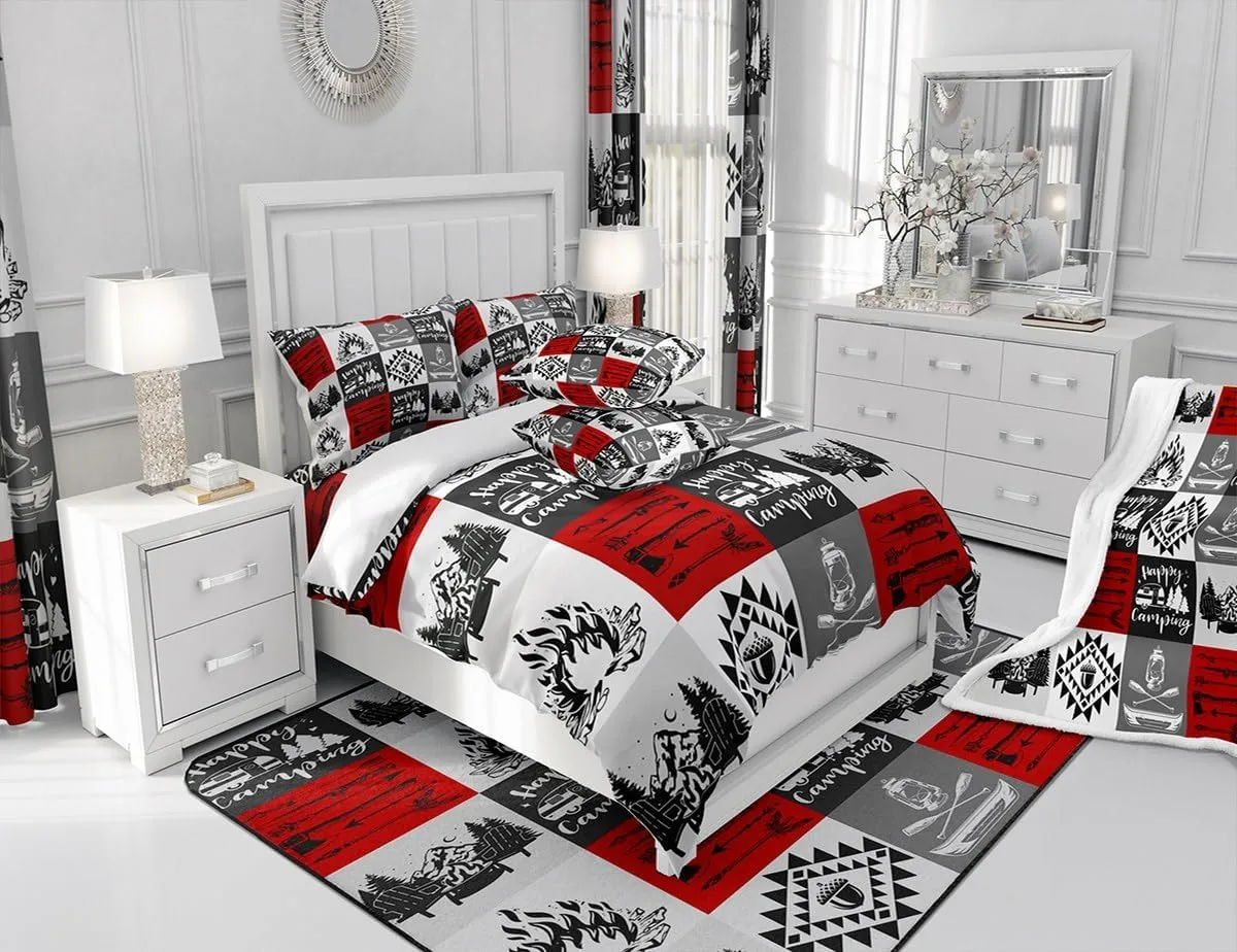 Lodge Cabin Camping Comforter Set Queen Size 3 Pcs Gray Red Plaid Rustic Farmhouse Bedding Comforter for Kids Teens Adults Lake Boat Oar Jungle Trees Bedroom Quilt Set with 2 Pillowcases