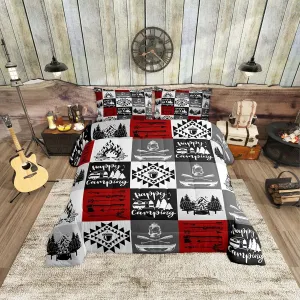 Lodge Cabin Camping Comforter Set Queen Size 3 Pcs Gray Red Plaid Rustic Farmhouse Bedding Comforter for Kids Teens Adults Lake Boat Oar Jungle Trees Bedroom Quilt Set with 2 Pillowcases