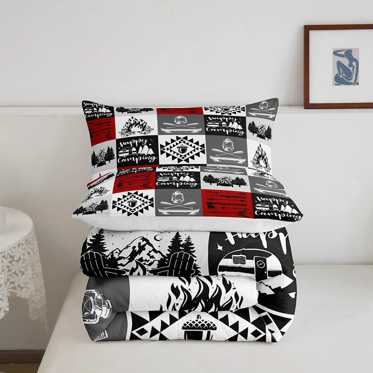 Lodge Cabin Camping Comforter Set Queen Size 3 Pcs Gray Red Plaid Rustic Farmhouse Bedding Comforter for Kids Teens Adults Lake Boat Oar Jungle Trees Bedroom Quilt Set with 2 Pillowcases