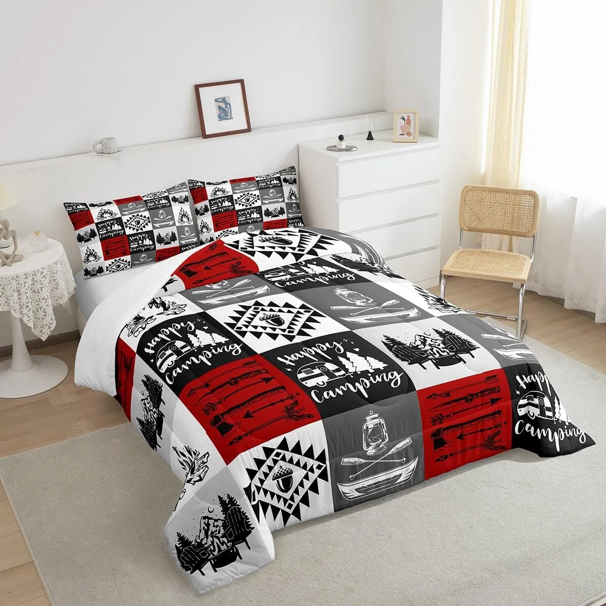 Lodge Cabin Camping Comforter Set Queen Size 3 Pcs Gray Red Plaid Rustic Farmhouse Bedding Comforter for Kids Teens Adults Lake Boat Oar Jungle Trees Bedroom Quilt Set with 2 Pillowcases