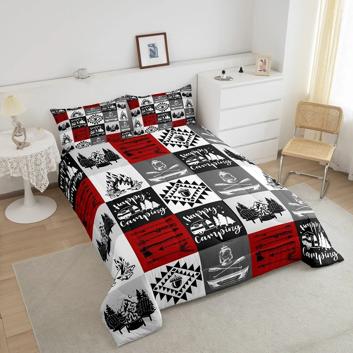 Lodge Cabin Camping Comforter Set Queen Size 3 Pcs Gray Red Plaid Rustic Farmhouse Bedding Comforter for Kids Teens Adults Lake Boat Oar Jungle Trees Bedroom Quilt Set with 2 Pillowcases