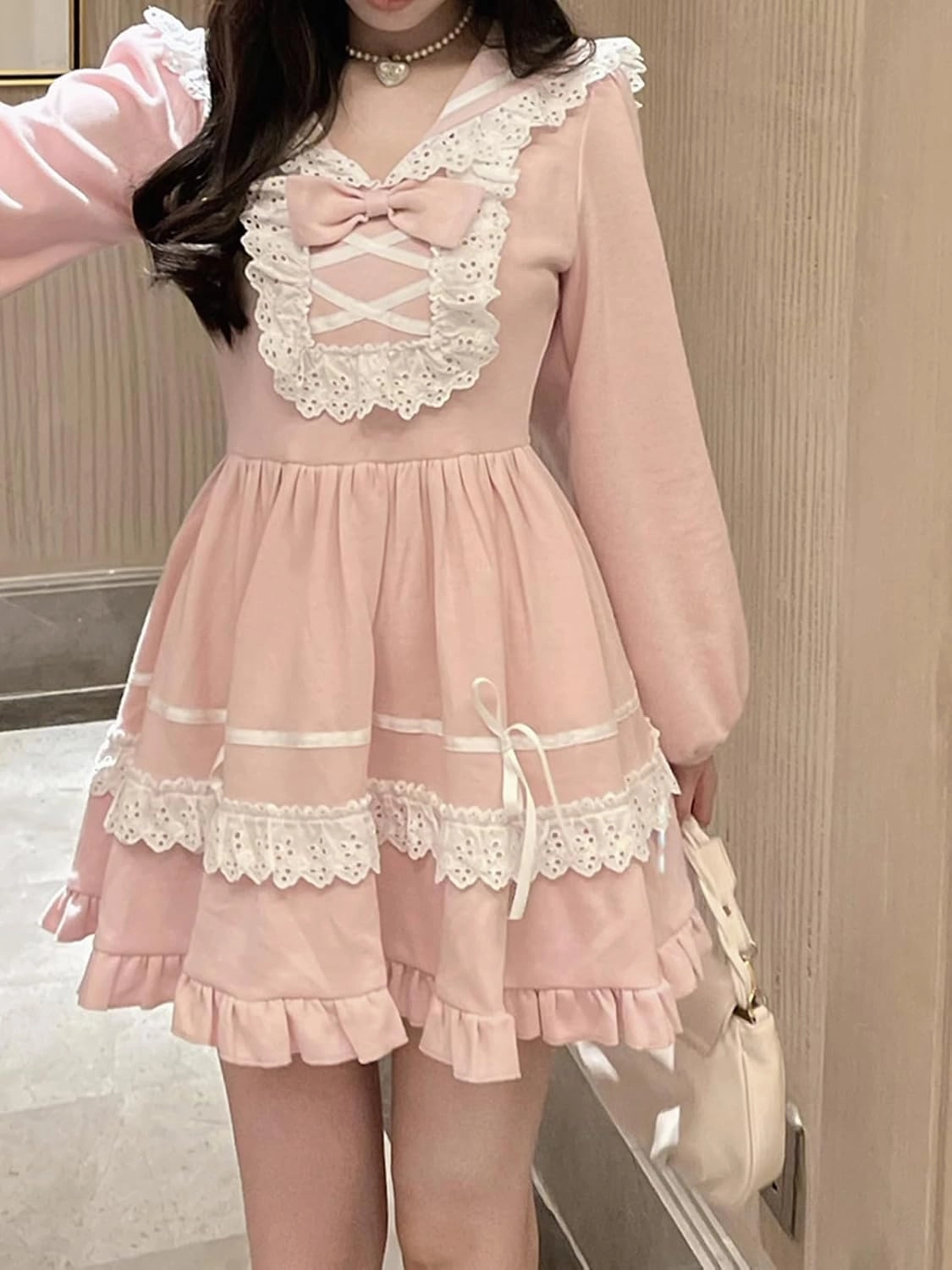 Lolita Kawaii Sailor Dress Teens Fall Casual Cute Lace Bow Long Sleeve High Waist Frilly Hem Party Dresses