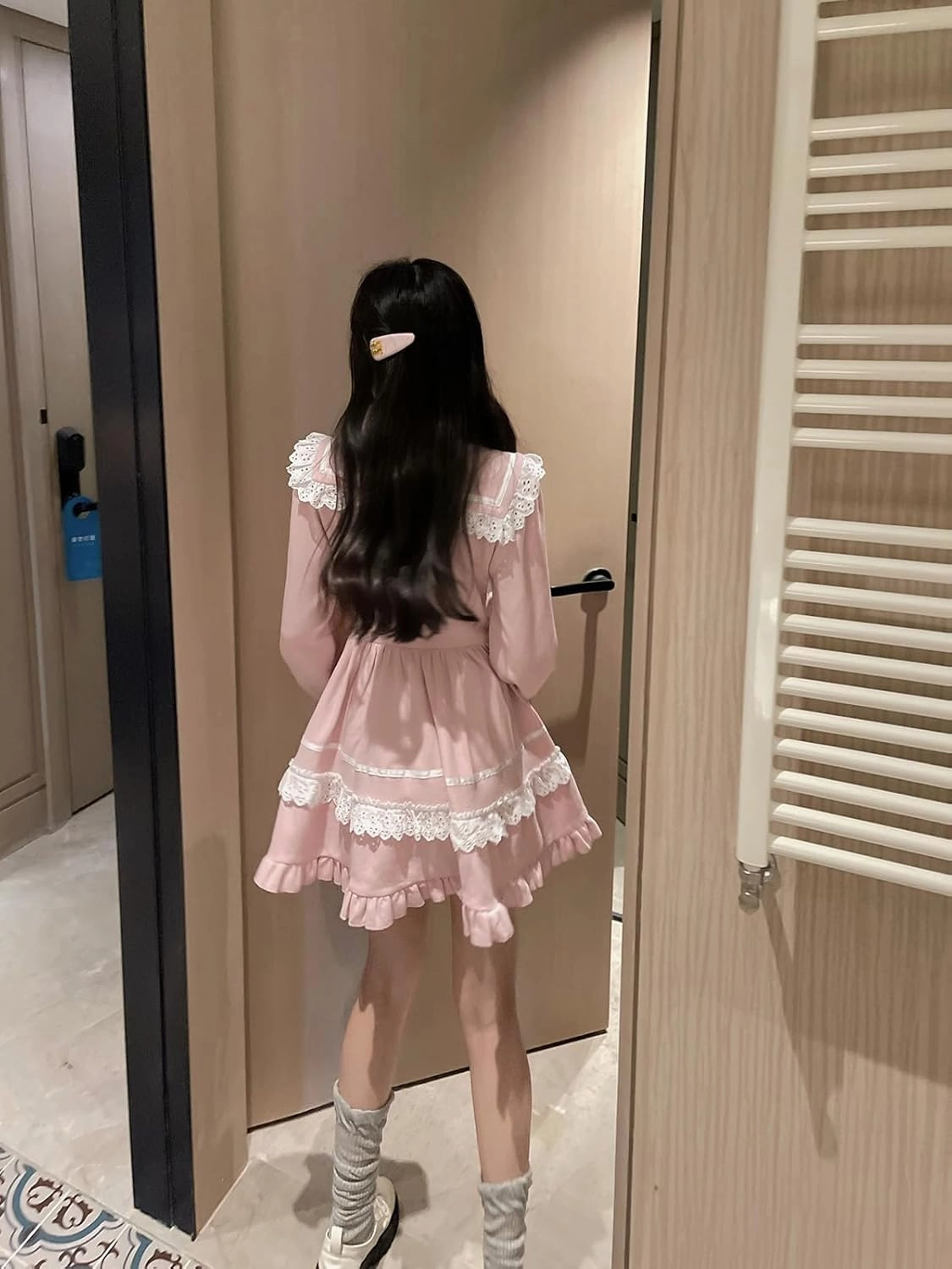 Lolita Kawaii Sailor Dress Teens Fall Casual Cute Lace Bow Long Sleeve High Waist Frilly Hem Party Dresses