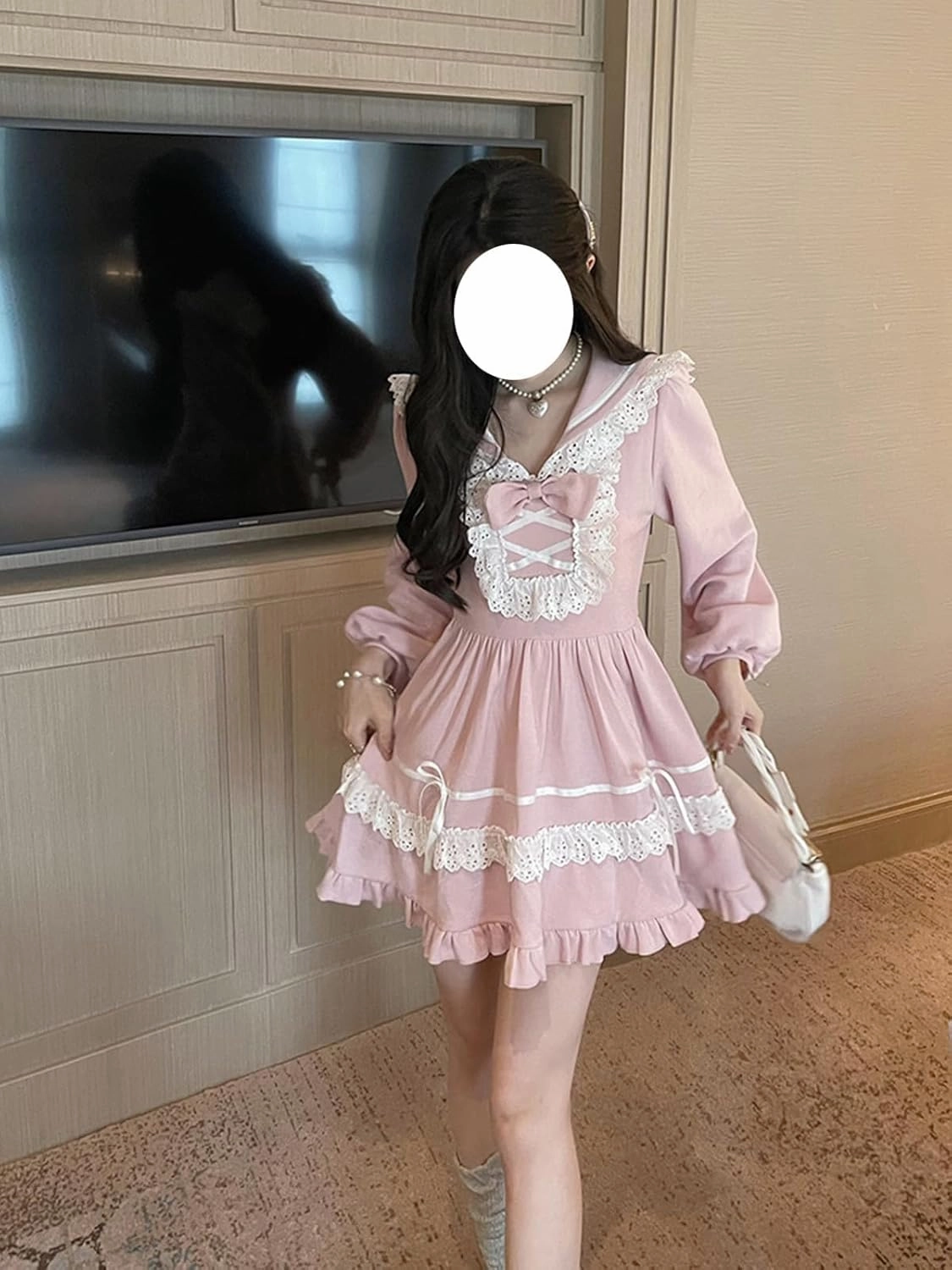 Lolita Kawaii Sailor Dress Teens Fall Casual Cute Lace Bow Long Sleeve High Waist Frilly Hem Party Dresses