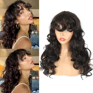 Long Brown Curly Wig With Bangs for Women - Layered Synthetic Shag Hair Replacement Wig - Cute Kinky Curly Style for Daily Use, Party, Hallowmas, Cosplay