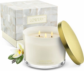 LOVERY Birthday Gifts for Her, 3 Wick Vanilla Candles, Large Scented Candle, Soy Candles Gifts for Women, Stress Relief Candle Jar 50 Hours Burning Time Natural Wax Relaxing Aromatherapy