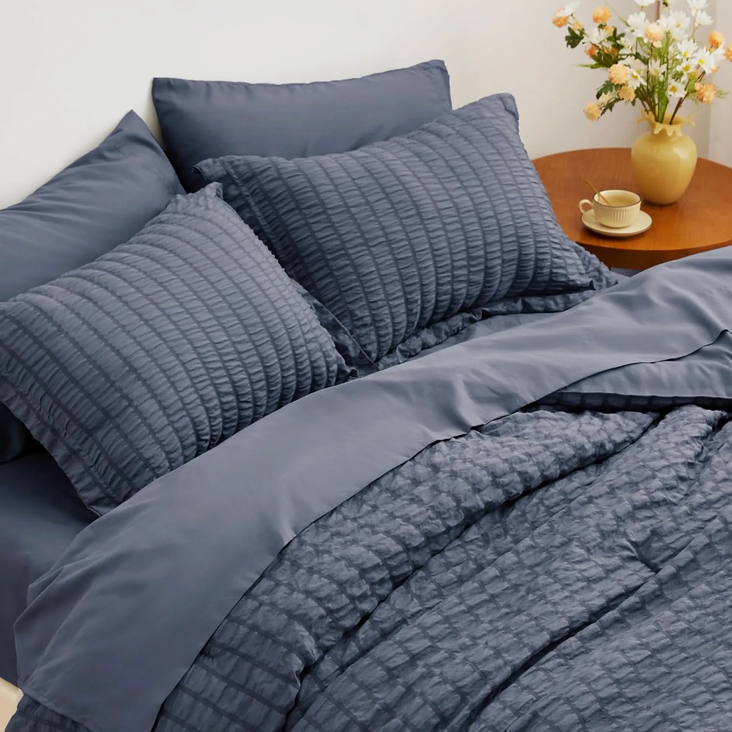 Love's cabin Seersucker Navy Blue Twin XL Comforter Set, 5 Pieces Twin XL Bed in a Bag, All Season Twin XL Bedding Sets with Comforter, Flat Sheet, Fitted Sheet, Pillowcase and Pillow Sham