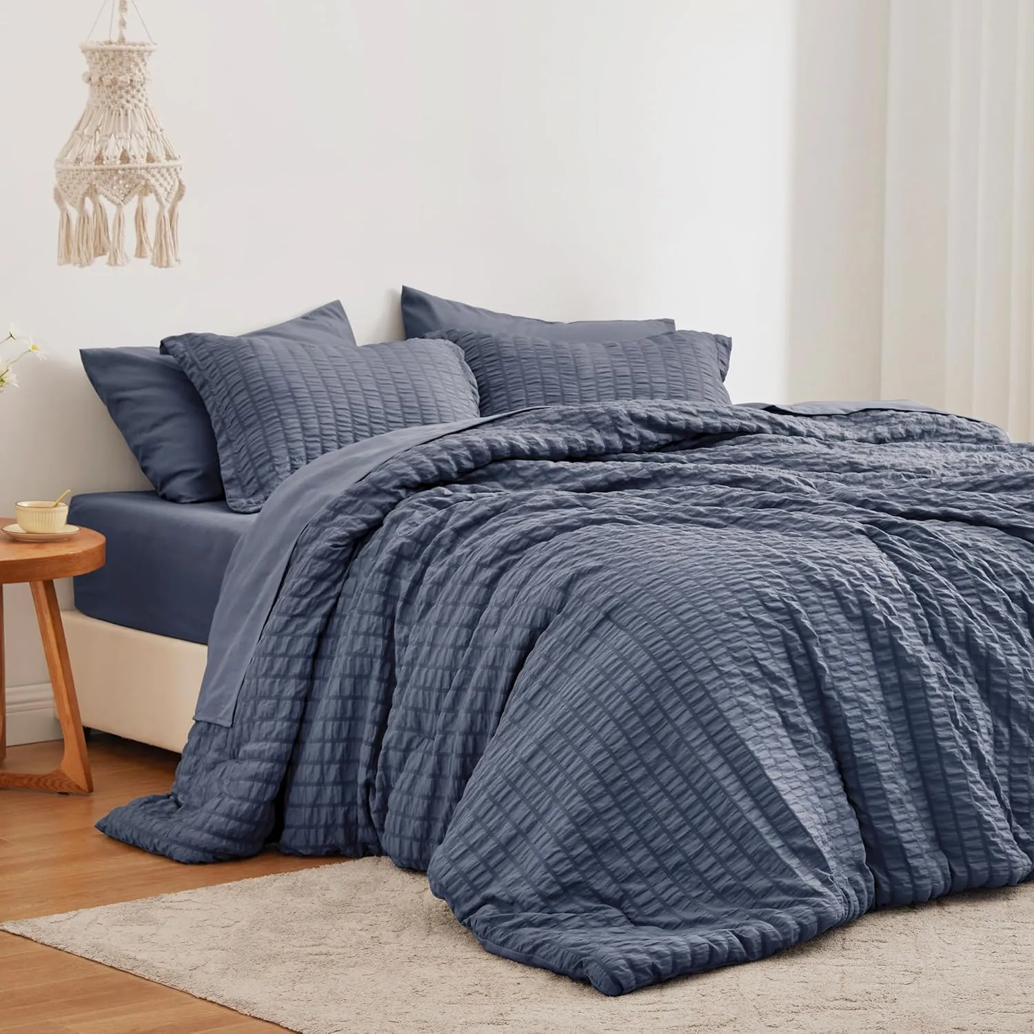 Love's cabin Seersucker Navy Blue Twin XL Comforter Set, 5 Pieces Twin XL Bed in a Bag, All Season Twin XL Bedding Sets with Comforter, Flat Sheet, Fitted Sheet, Pillowcase and Pillow Sham
