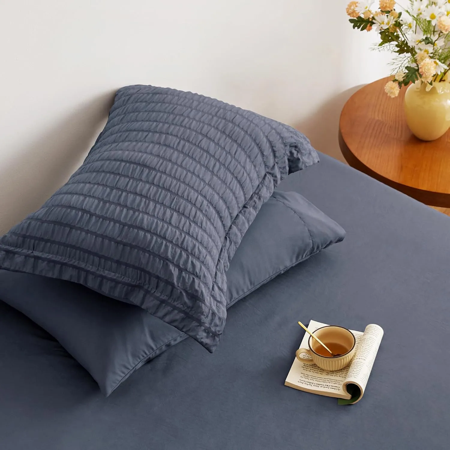 Love's cabin Seersucker Navy Blue Twin XL Comforter Set, 5 Pieces Twin XL Bed in a Bag, All Season Twin XL Bedding Sets with Comforter, Flat Sheet, Fitted Sheet, Pillowcase and Pillow Sham