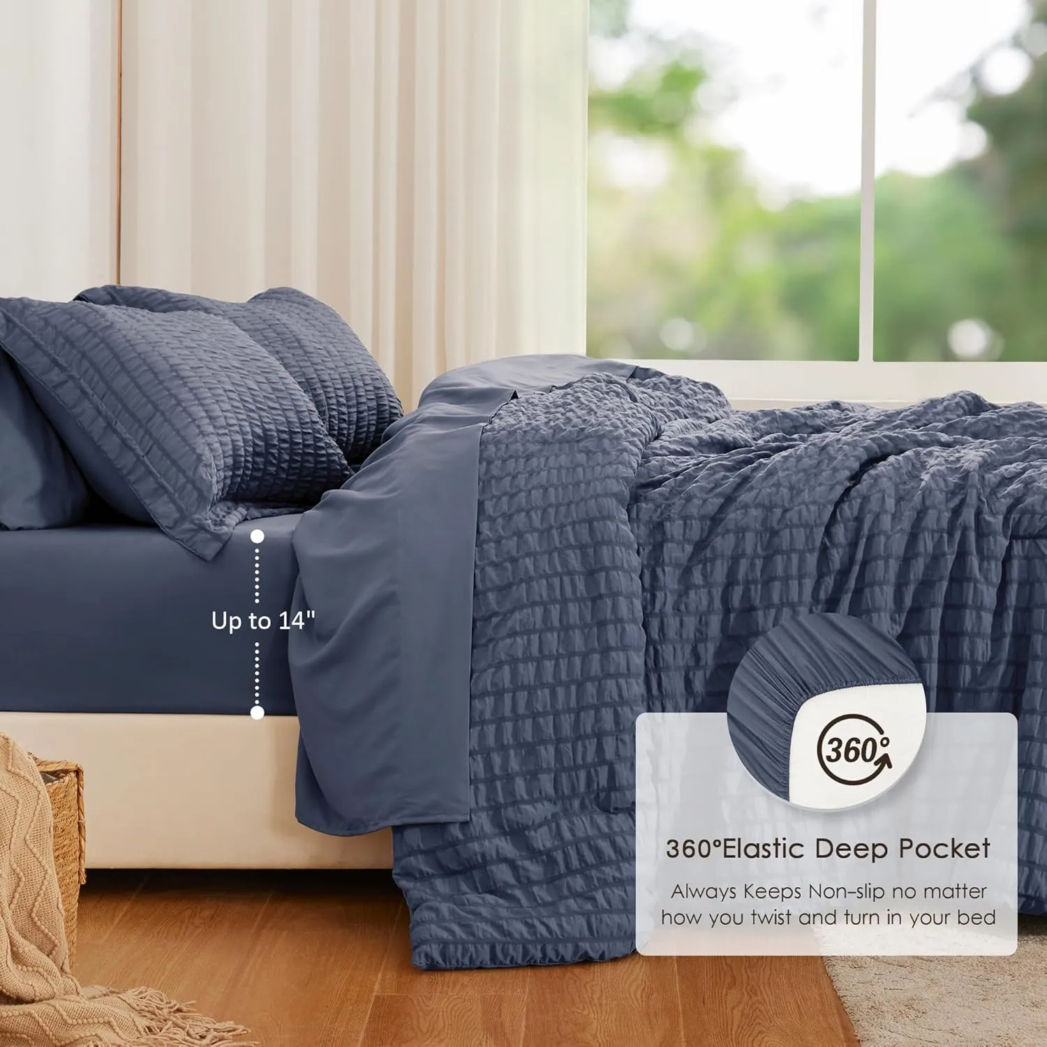 Love's cabin Seersucker Navy Blue Twin XL Comforter Set, 5 Pieces Twin XL Bed in a Bag, All Season Twin XL Bedding Sets with Comforter, Flat Sheet, Fitted Sheet, Pillowcase and Pillow Sham