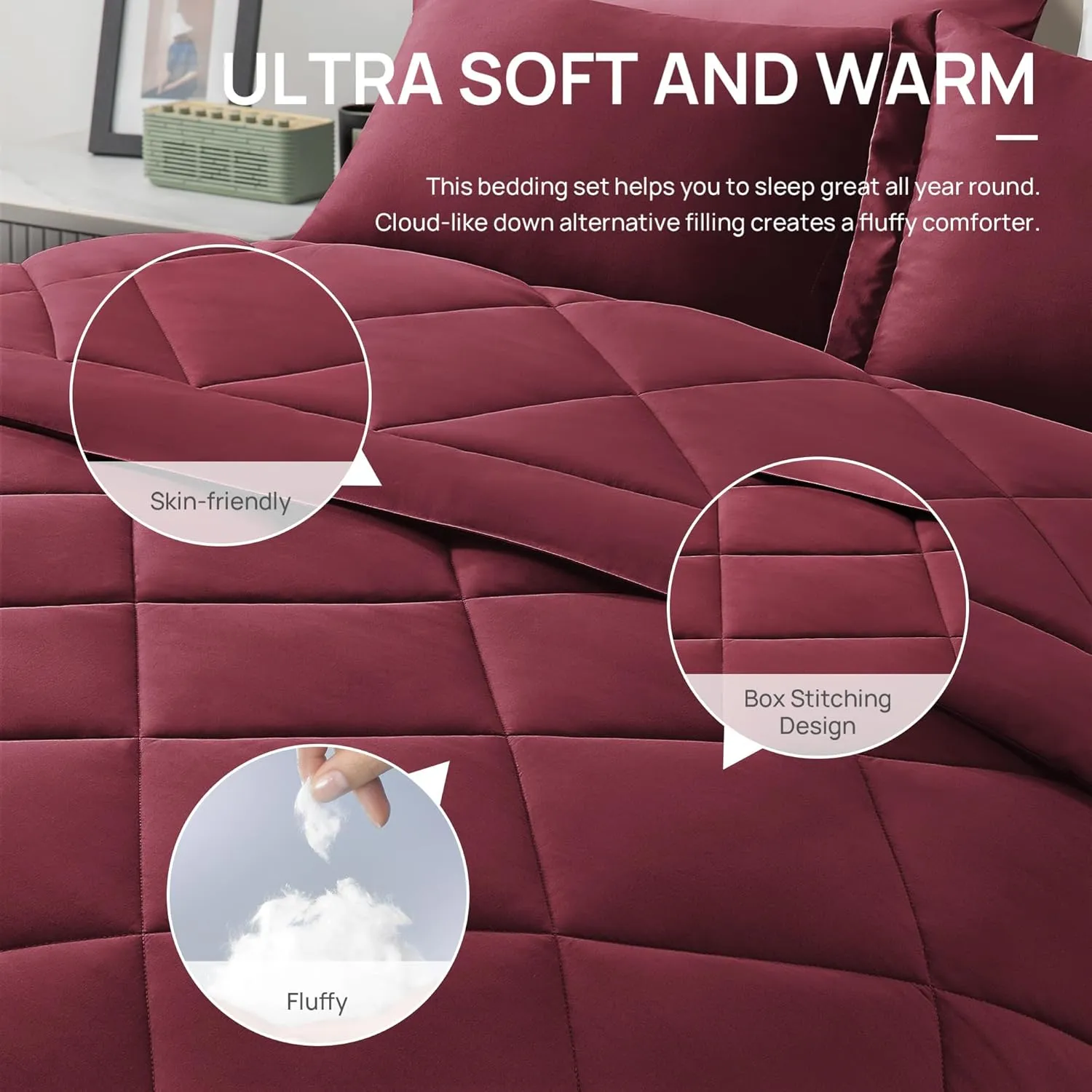 Love's cabin Twin Comforter Set Burgundy, 5 Pieces Twin Bed in a Bag, All Season Bedding Sets with 1 Comforter, 1 Flat Sheet, 1 Fitted Sheet, 1 Pillowcase and 1 Pillow Sham