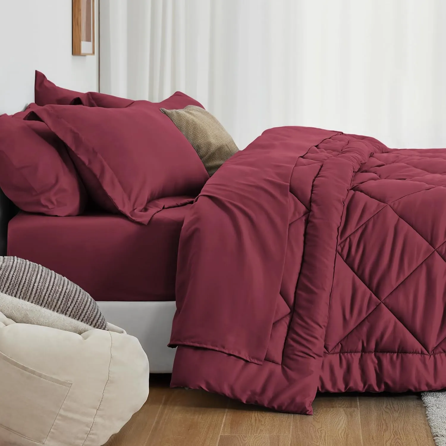 Love's cabin Twin Comforter Set Burgundy, 5 Pieces Twin Bed in a Bag, All Season Bedding Sets with 1 Comforter, 1 Flat Sheet, 1 Fitted Sheet, 1 Pillowcase and 1 Pillow Sham