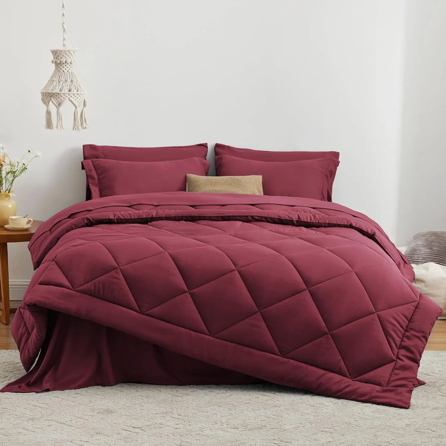 Love's cabin Twin Comforter Set Burgundy, 5 Pieces Twin Bed in a Bag, All Season Bedding Sets with 1 Comforter, 1 Flat Sheet, 1 Fitted Sheet, 1 Pillowcase and 1 Pillow Sham
