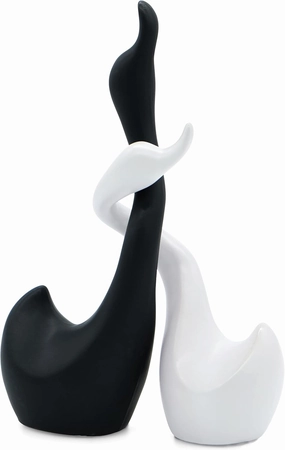 Loving Swans in Black and White – Decorative Figure swan Pair 9” high as Handmade Ceramic Sculpture Set – Animal Figurines Home Decor Modern as a Gift