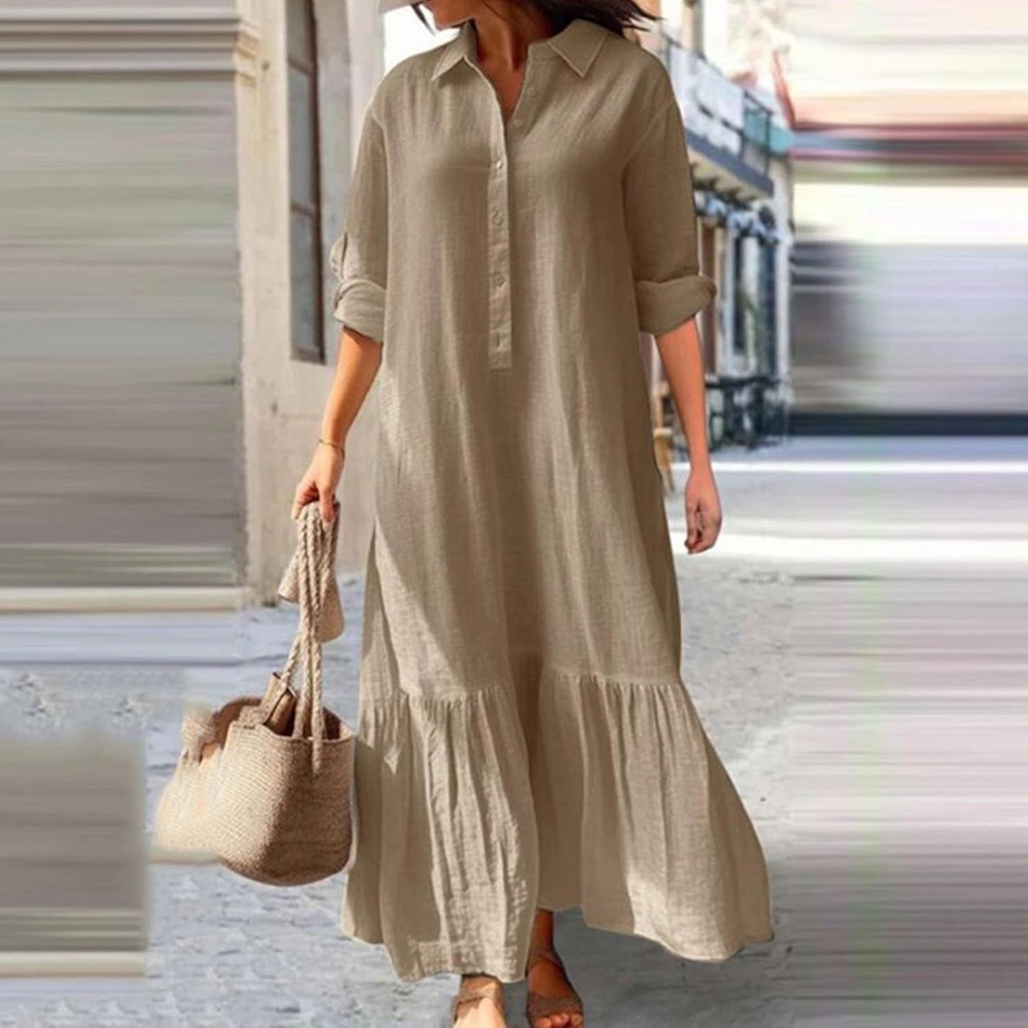 Lpmadey Women's Summer Maxi Dress Casual Plus Size V Neck Button Down Roll Up Sleeve Ruffle Hem Linen Beach Flowy Dresses