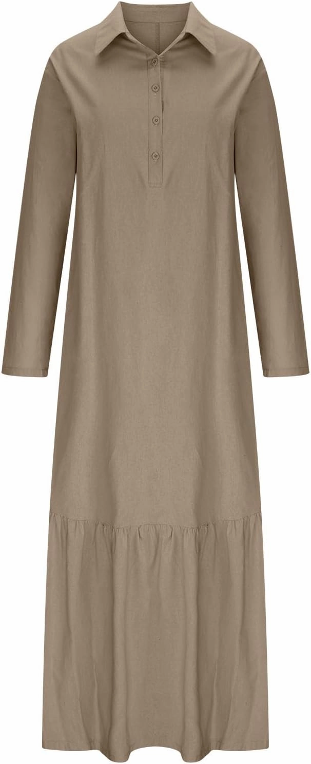 Lpmadey Women's Summer Maxi Dress Casual Plus Size V Neck Button Down Roll Up Sleeve Ruffle Hem Linen Beach Flowy Dresses