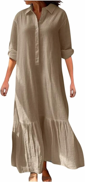 Lpmadey Women's Summer Maxi Dress Casual Plus Size V Neck Button Down Roll Up Sleeve Ruffle Hem Linen Beach Flowy Dresses