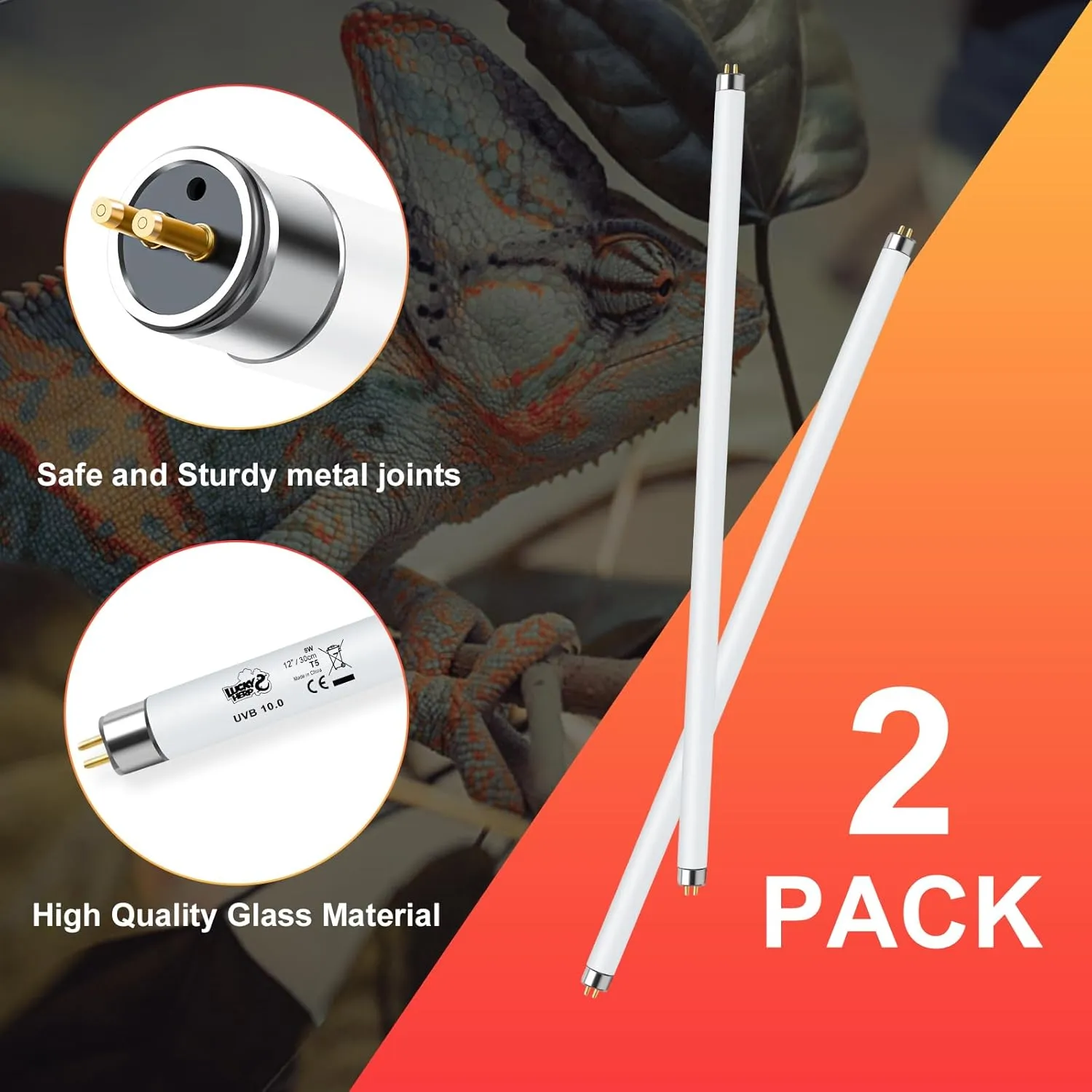LUCKY HERP 2 Pack T5 UVB 10.0 Reptile Light 8W, UVA UVB Fluorescent Lamp Tube, UVB Lighting Bulb for Turtles, Chameleon, Tortoises, Lizard