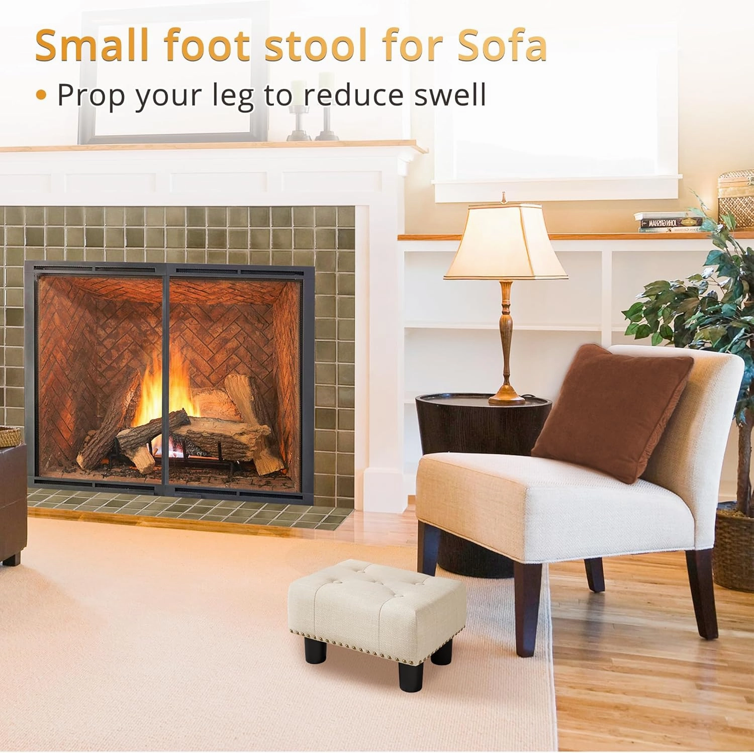 LUE BONA Small Tufted Foot Stool, Beige Linen Rivet Tufted Footrest with Plastic Legs, 9''H, Rectangle Foot Stools for Adult with Non-Slip Pads, Sofa Footstool for Living Room, Couch