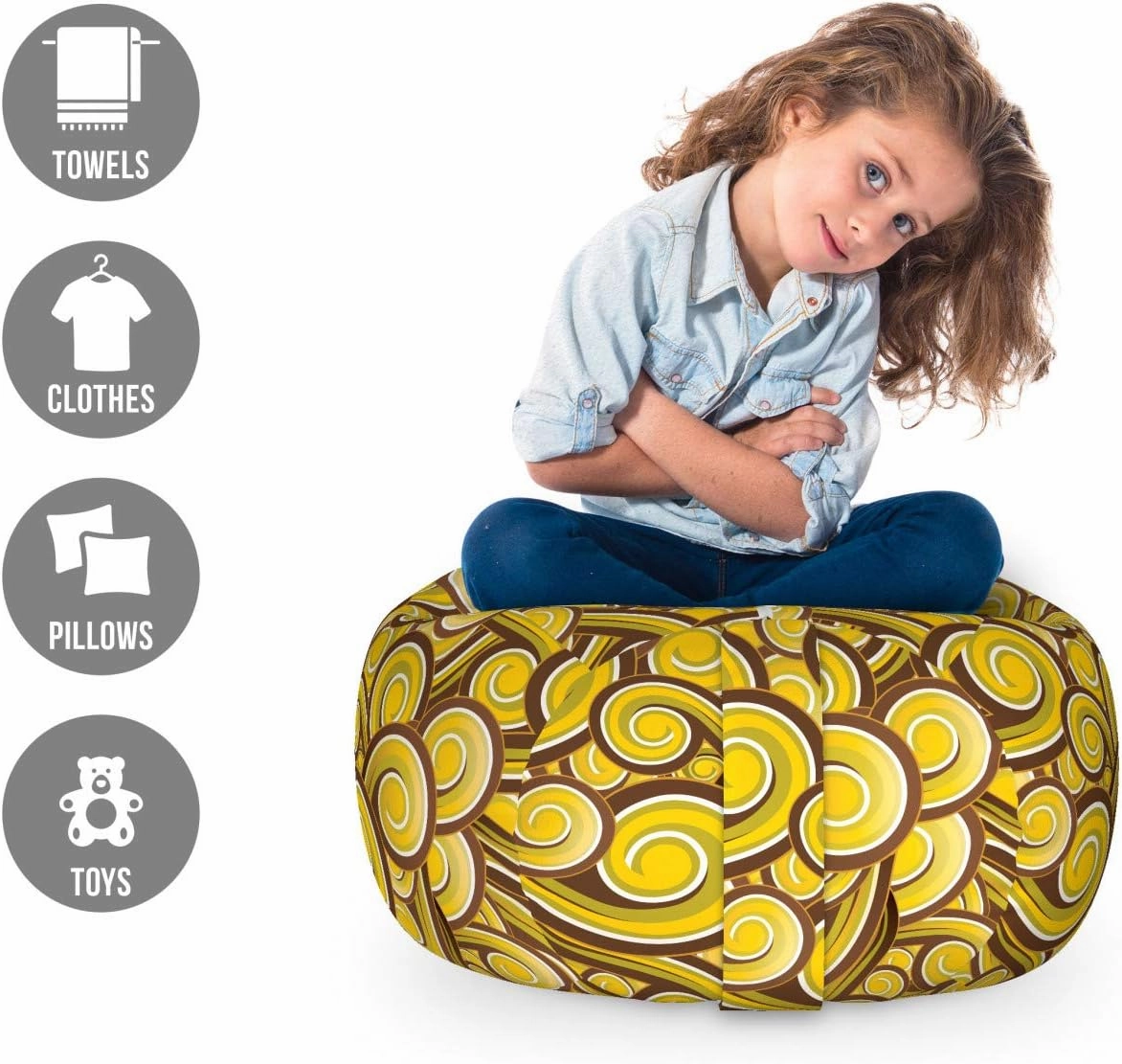 Lunarable Yellow and Brown Storage Toy Bag Chair, Swirled Retro Circles in Earthen Toned Curves Old Fashioned Pattern, Stuffed Animal Organizer Washable Bag, Small Size, Chocolate Khaki