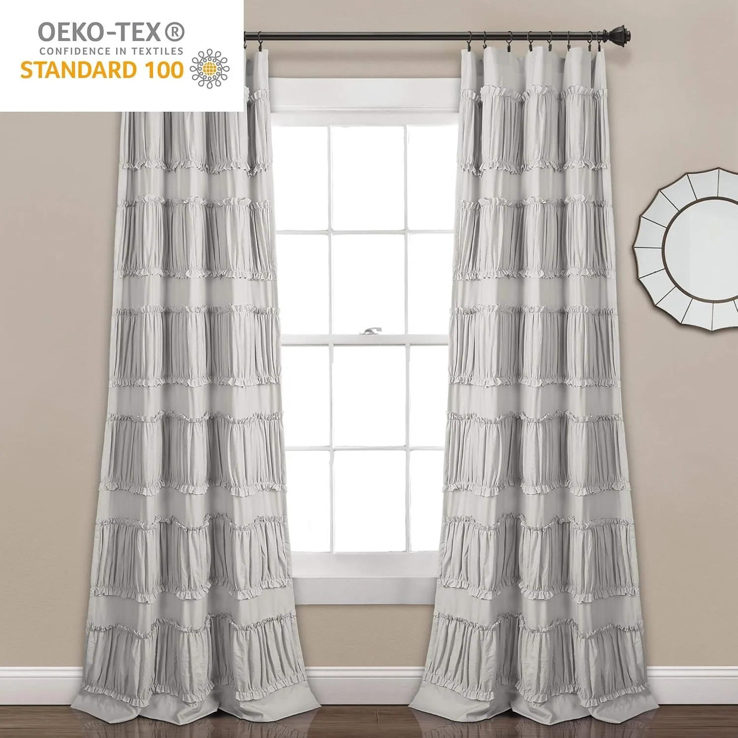 Lush Decor Nova Ruffle Window Curtain Panel Pair, 42"W x 84"L, Gray
