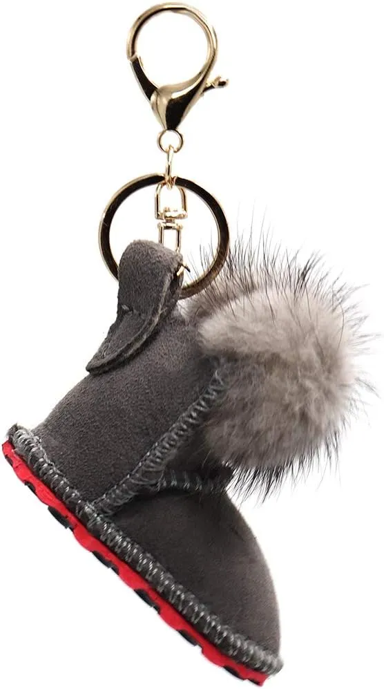 Luxury Shearling Winter Boot Keychain with Genuine Mink Fur - Bag Purse Charm - Fluffy Fur Ball - Fashion Gift