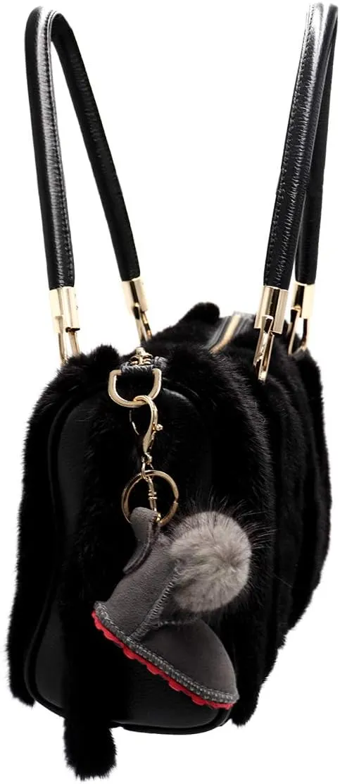 Luxury Shearling Winter Boot Keychain with Genuine Mink Fur - Bag Purse Charm - Fluffy Fur Ball - Fashion Gift