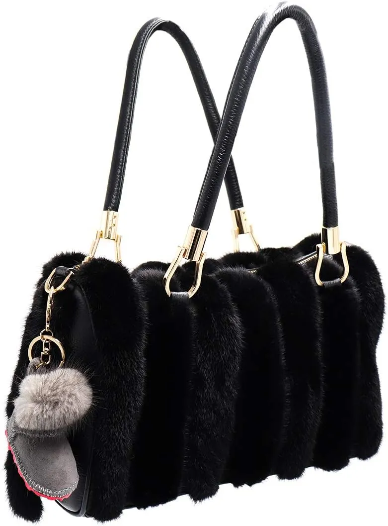 Luxury Shearling Winter Boot Keychain with Genuine Mink Fur - Bag Purse Charm - Fluffy Fur Ball - Fashion Gift