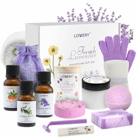 Luxury Bath Gift Set, 18pc French Lavender Relaxation Spa Gift Basket for Women & Men, Handmade Gift Box, Body Oils, Organic Lip Balm, Scented Candle, Bath Bomb & More, Spa Kit Gift for Birthday
