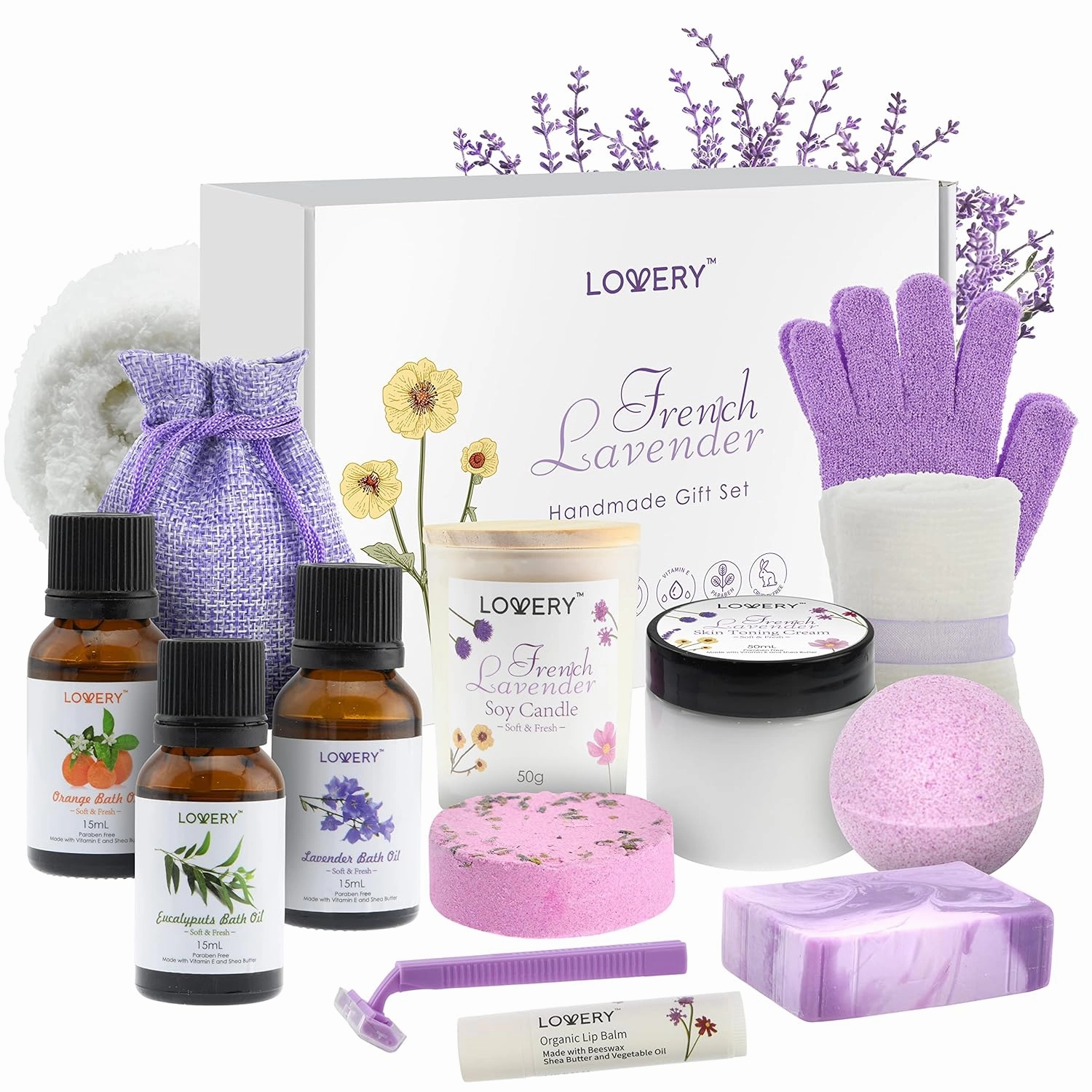 Luxury Bath Gift Set, 18pc French Lavender Relaxation Spa Gift Basket for Women & Men, Handmade Gift Box, Body Oils, Organic Lip Balm, Scented Candle, Bath Bomb & More, Spa Kit Gift for Birthday
