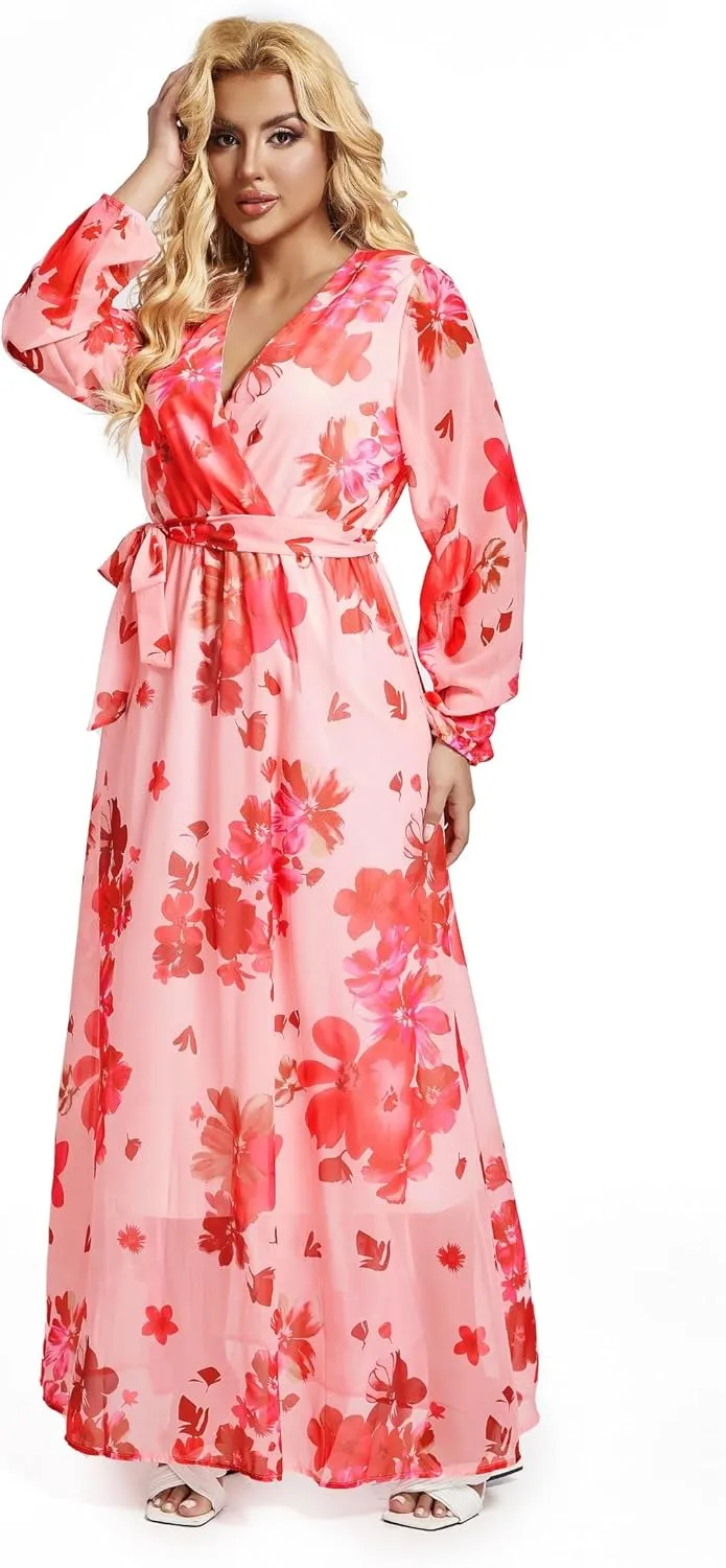 lvenzse Womens Maxi Dress Boho Chiffon Floral Printed Long Party Dresses Plus Size with Belt (FBA)