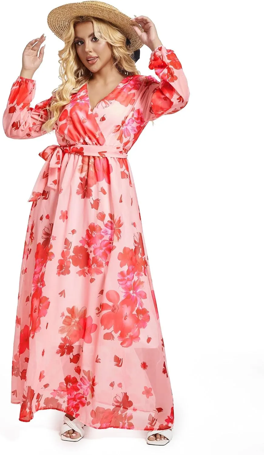 lvenzse Womens Maxi Dress Boho Chiffon Floral Printed Long Party Dresses Plus Size with Belt (FBA)