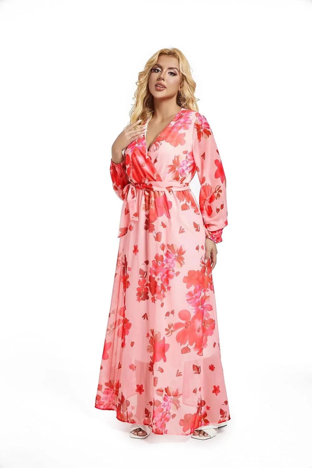 lvenzse Womens Maxi Dress Boho Chiffon Floral Printed Long Party Dresses Plus Size with Belt (FBA)