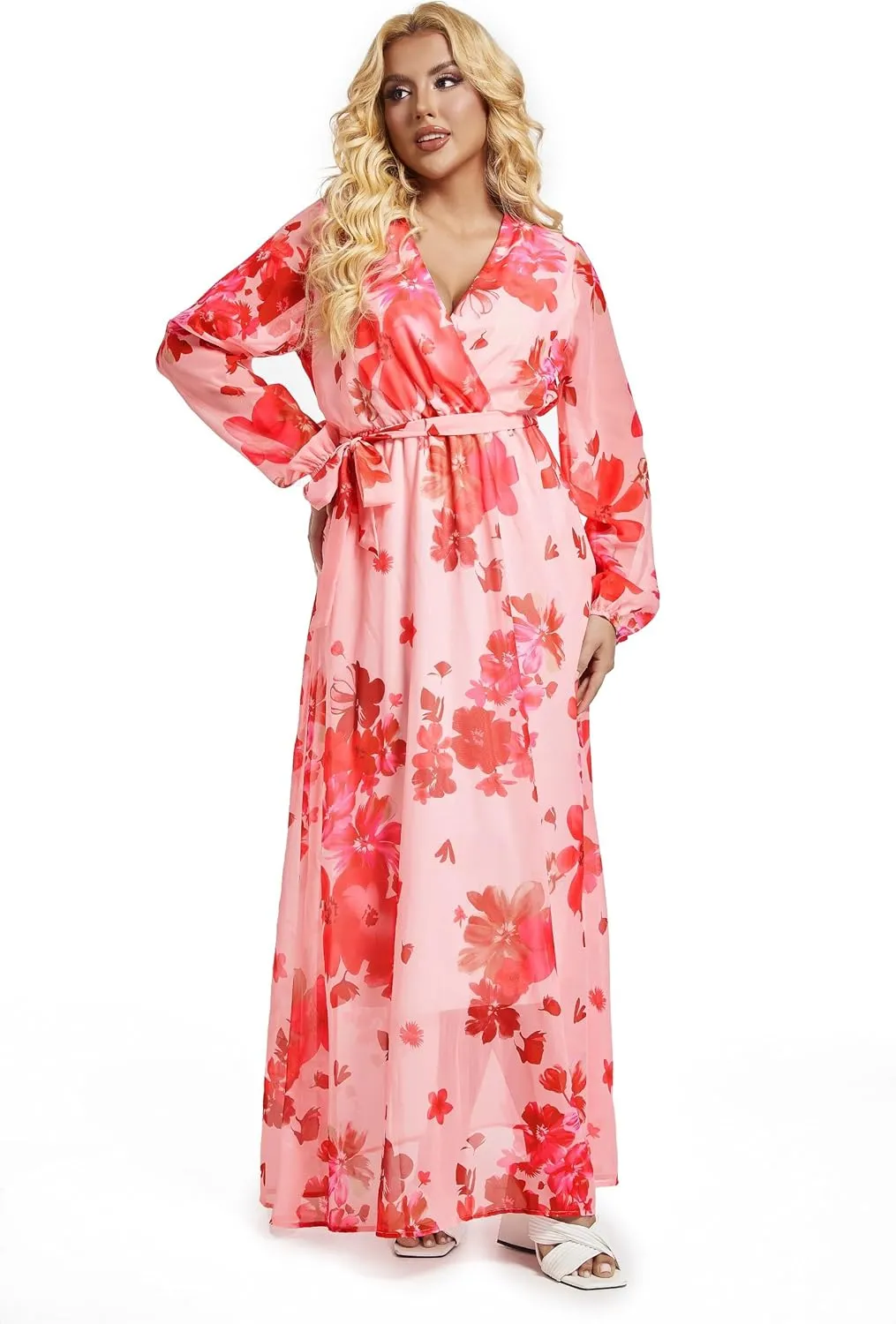 lvenzse Womens Maxi Dress Boho Chiffon Floral Printed Long Party Dresses Plus Size with Belt (FBA)