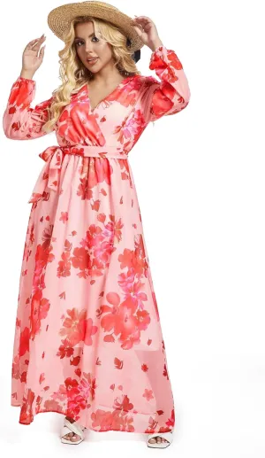 lvenzse Womens Maxi Dress Boho Chiffon Floral Printed Long Party Dresses Plus Size with Belt (FBA)