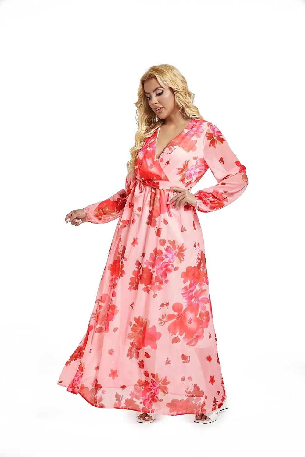 lvenzse Womens Maxi Dress Boho Chiffon Floral Printed Long Party Dresses Plus Size with Belt (FBA)