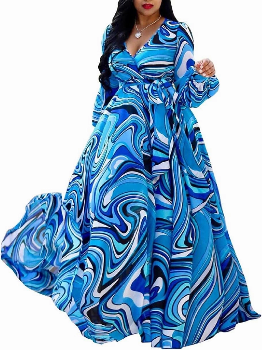 lvenzse Womens Maxi Dress Boho Chiffon Floral Printed Long Party Dresses Plus Size with Belt (FBA)