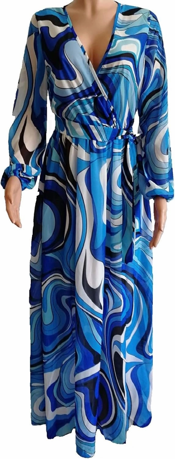 lvenzse Womens Maxi Dress Boho Chiffon Floral Printed Long Party Dresses Plus Size with Belt (FBA)