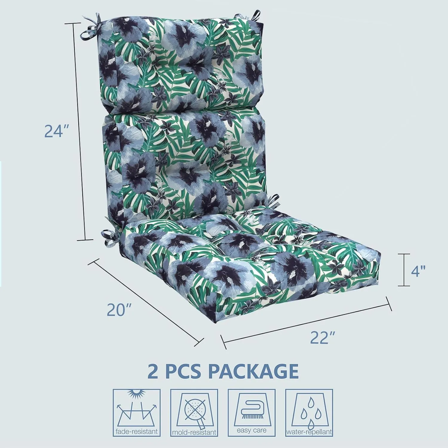 LVTXIII 2 Pack Outdoor/Indoor High Back Chair Cushions, Deep Seat Patio Seat and Back Cushion Set, Stuffed High Rebound Foam Rocking Chair Cushions, 44"x22"x4", Blue Salmone Tropical