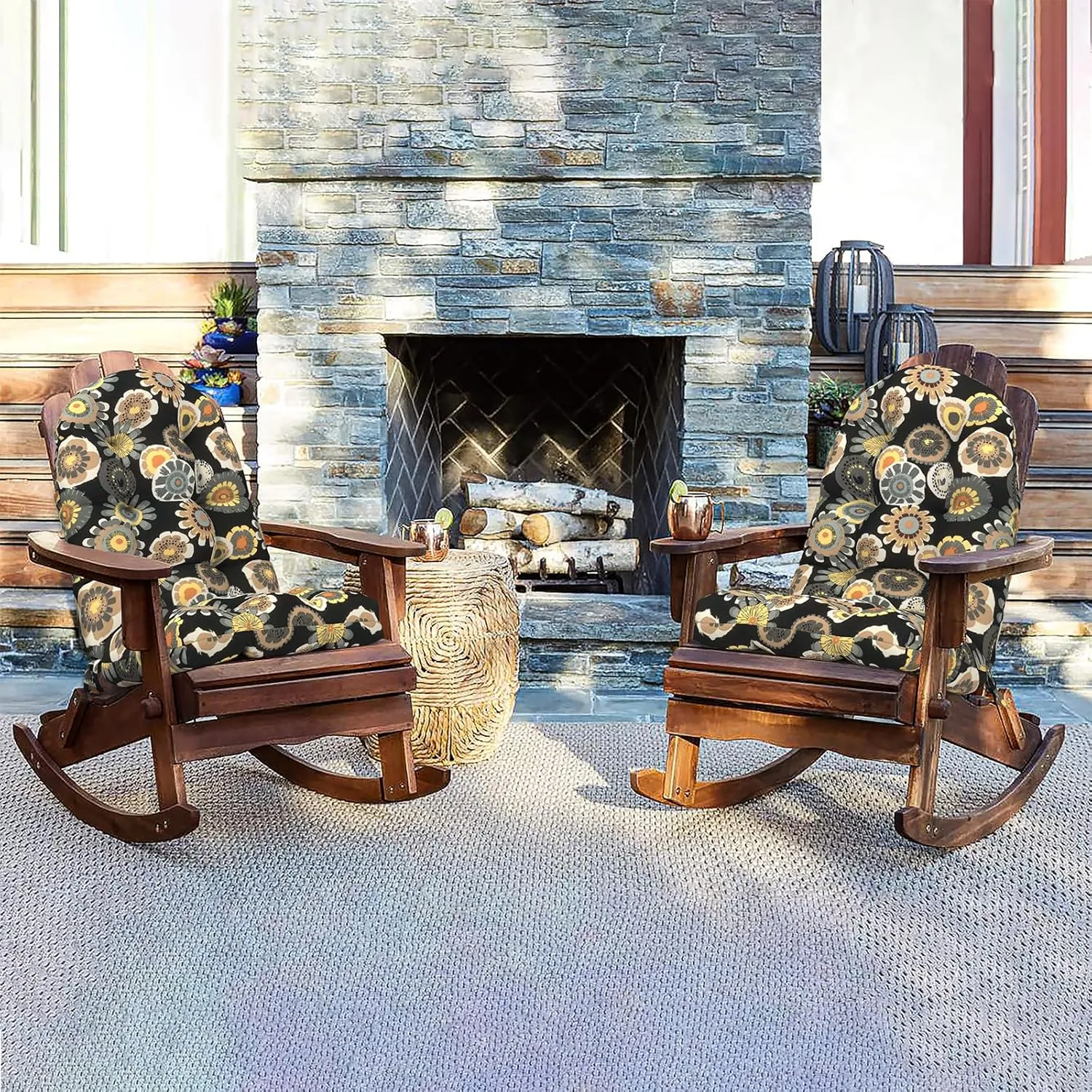 LVTXIII Outdoor Adirondack Chair Cushions, 44x19x4 Inch Non-Slip High Back Rocking Chair Cushion, Tufted Patio Lounge Cushion Seat Cushion, Set of 2, Black Yellow Crosby