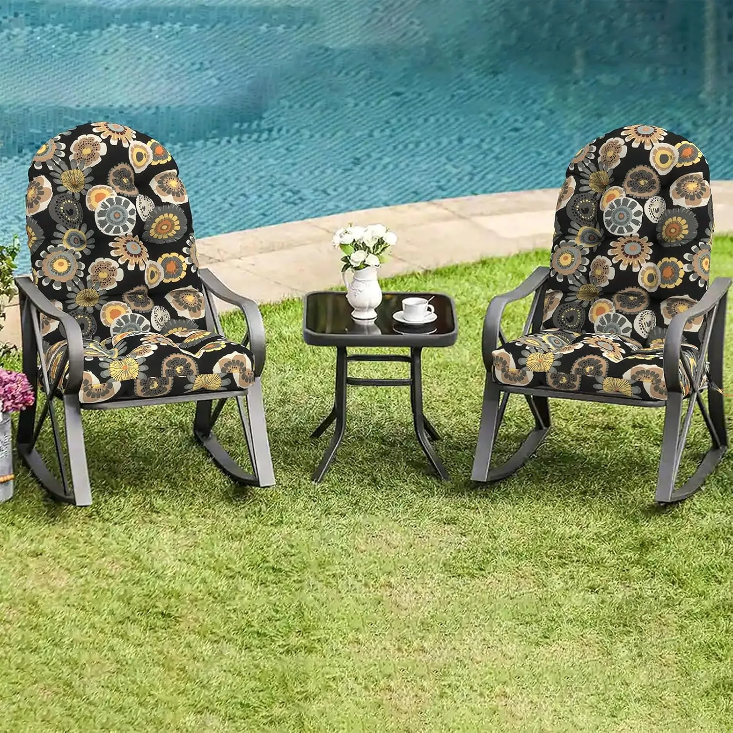 LVTXIII Outdoor Adirondack Chair Cushions, 44x19x4 Inch Non-Slip High Back Rocking Chair Cushion, Tufted Patio Lounge Cushion Seat Cushion, Set of 2, Black Yellow Crosby