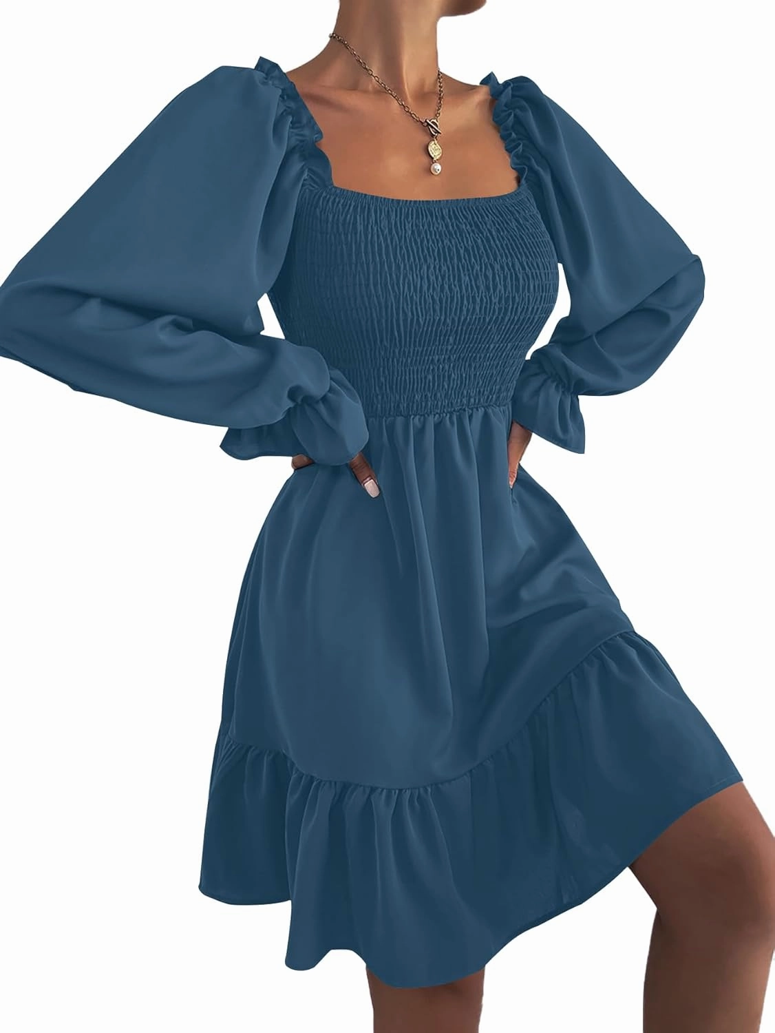 LYANER Women's Square Neck Lantern Long Sleeve Ruffle Shirred Flowy Party Mini Dress