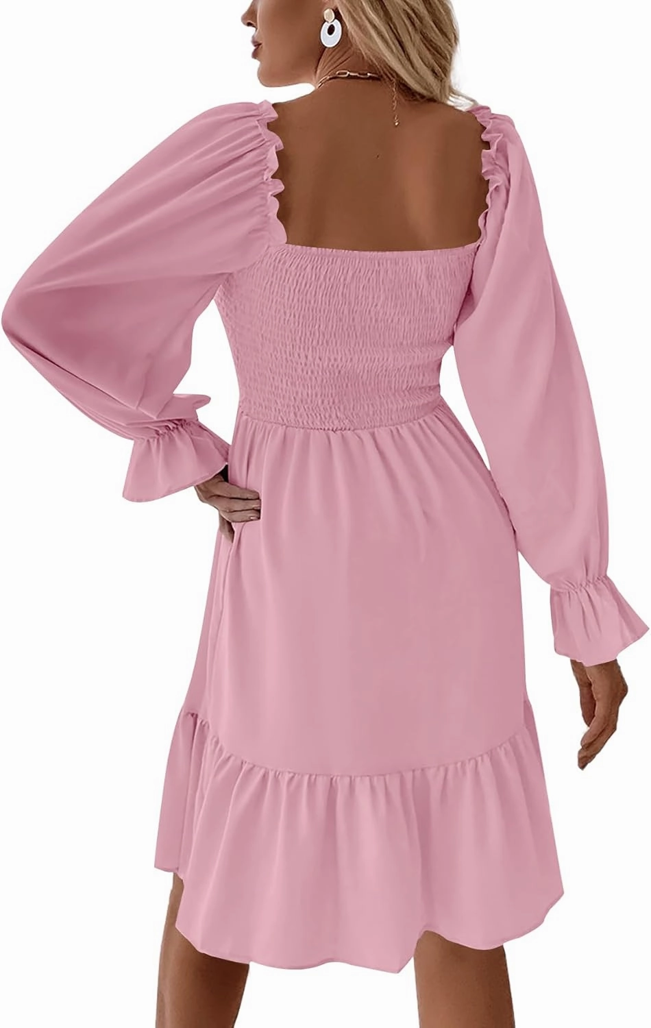 LYANER Women's Square Neck Lantern Long Sleeve Ruffle Shirred Flowy Party Mini Dress