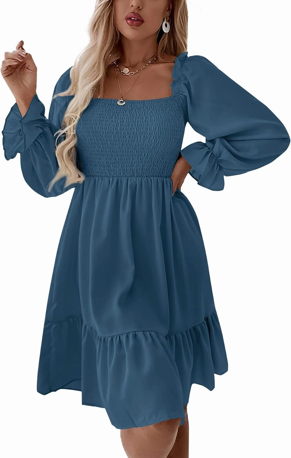 LYANER Women's Square Neck Lantern Long Sleeve Ruffle Shirred Flowy Party Mini Dress