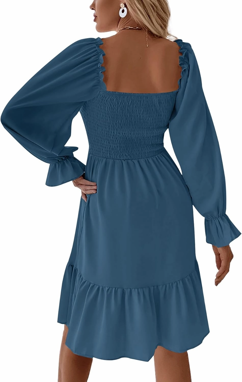 LYANER Women's Square Neck Lantern Long Sleeve Ruffle Shirred Flowy Party Mini Dress