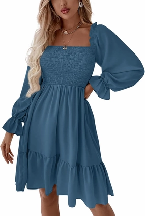 LYANER Women's Square Neck Lantern Long Sleeve Ruffle Shirred Flowy Party Mini Dress