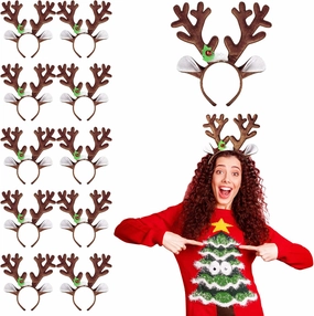Lyrow 12 Pcs Reindeer Antlers Headbands for Adults Antlers Headband with Bells Halloween Christmas Holiday Party Gift (Brown Classic Style)