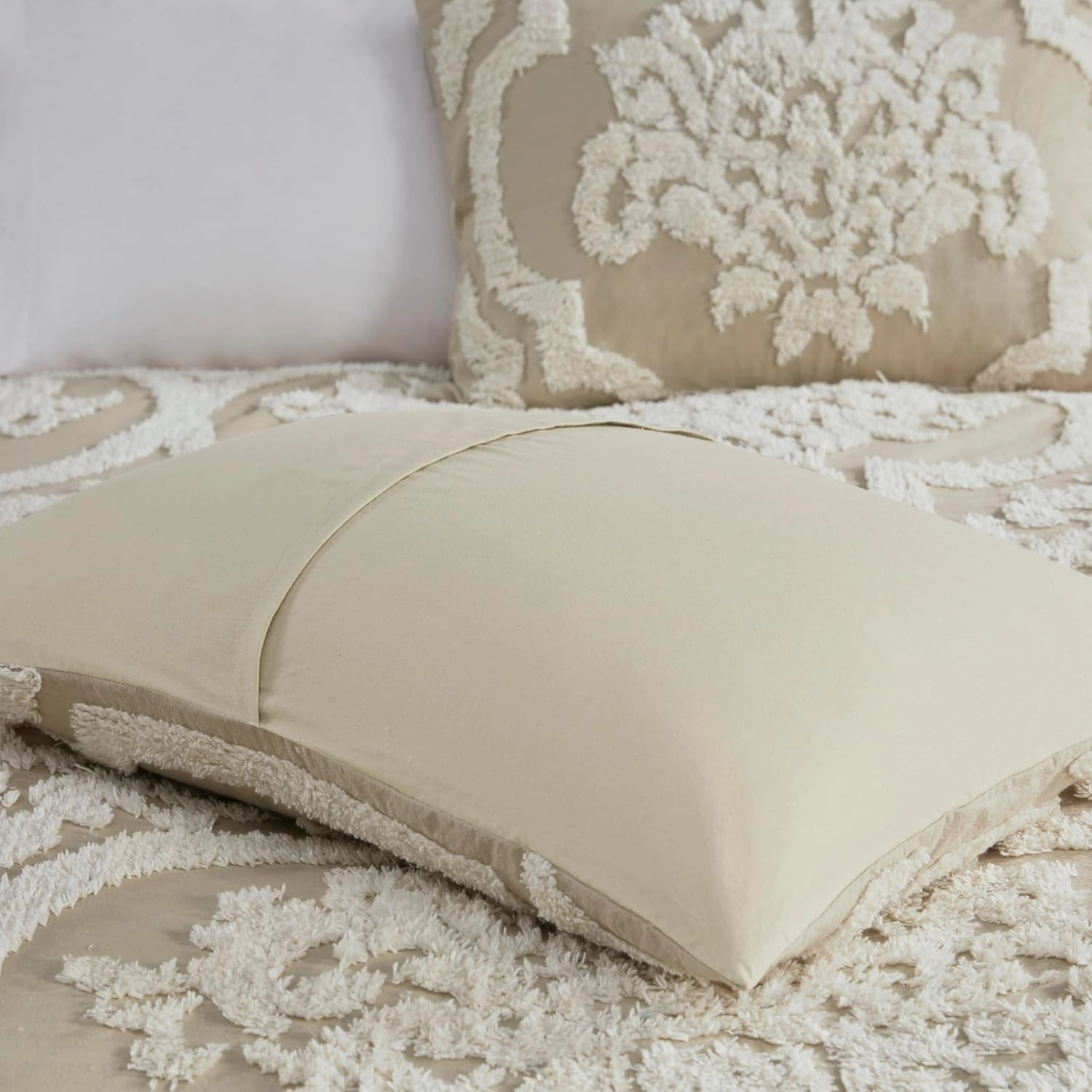 Madison Park Tufted Chenille Cotton Comforter All Season Bedding Set, Matching Shams, Full/Queen(90"x90"), Viola, Damask Taupe 3 Piece (MP10-7102)