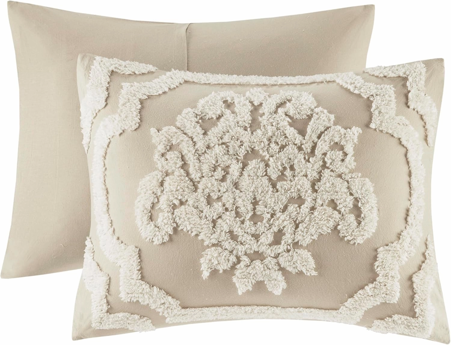 Madison Park Tufted Chenille Cotton Comforter All Season Bedding Set, Matching Shams, Full/Queen(90"x90"), Viola, Damask Taupe 3 Piece (MP10-7102)